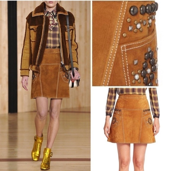 Coach A-line Brown Suede Mini Skirt with Stud Embellishments NWOT Size 4 - Picture 1 of 8